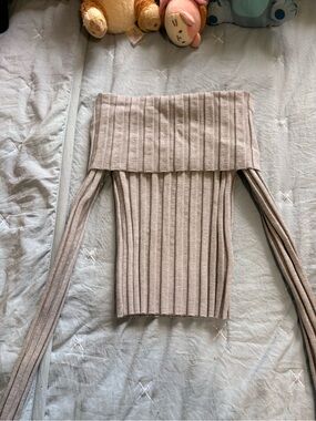 Off-Shoulder Ribbed Knit Sweater Top - Beige